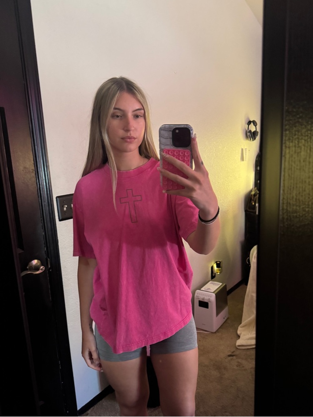 Women's Pink Crewneck Short Sleeve Tee with Cross Graphic